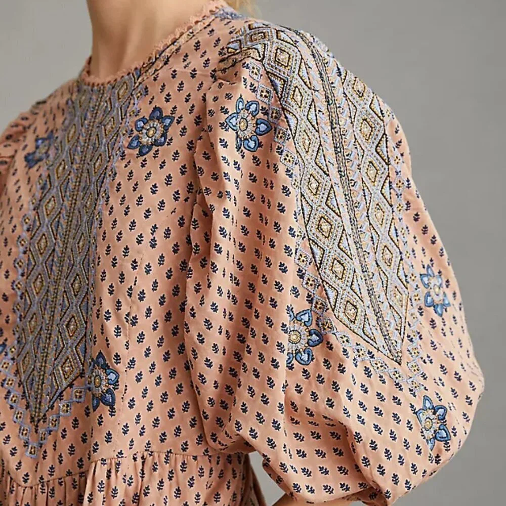 Anthropologie Tunic Embroidered Mauve Mini Dress Size S Boho Western Festival